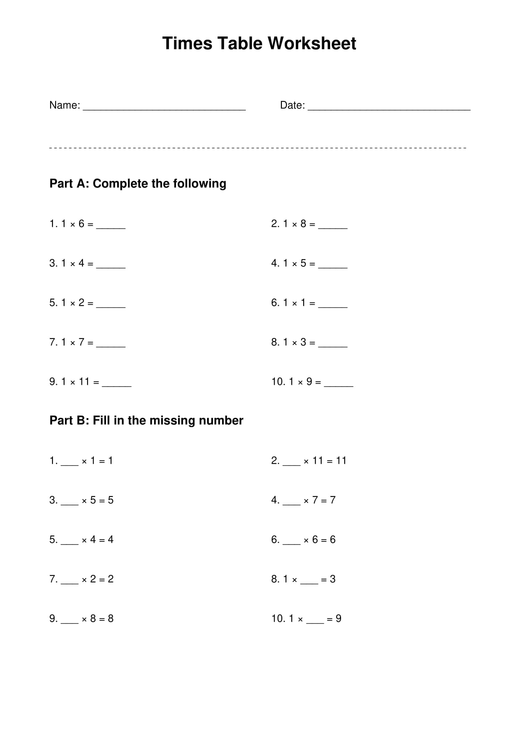 1 times table basic practice worksheet