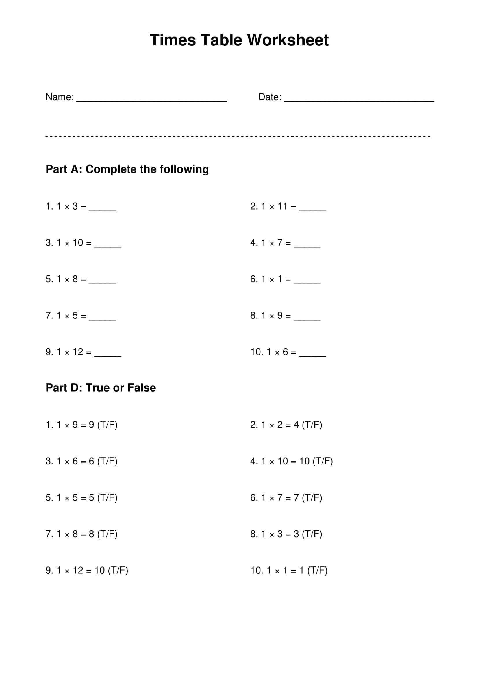 1 times table basic practice worksheet