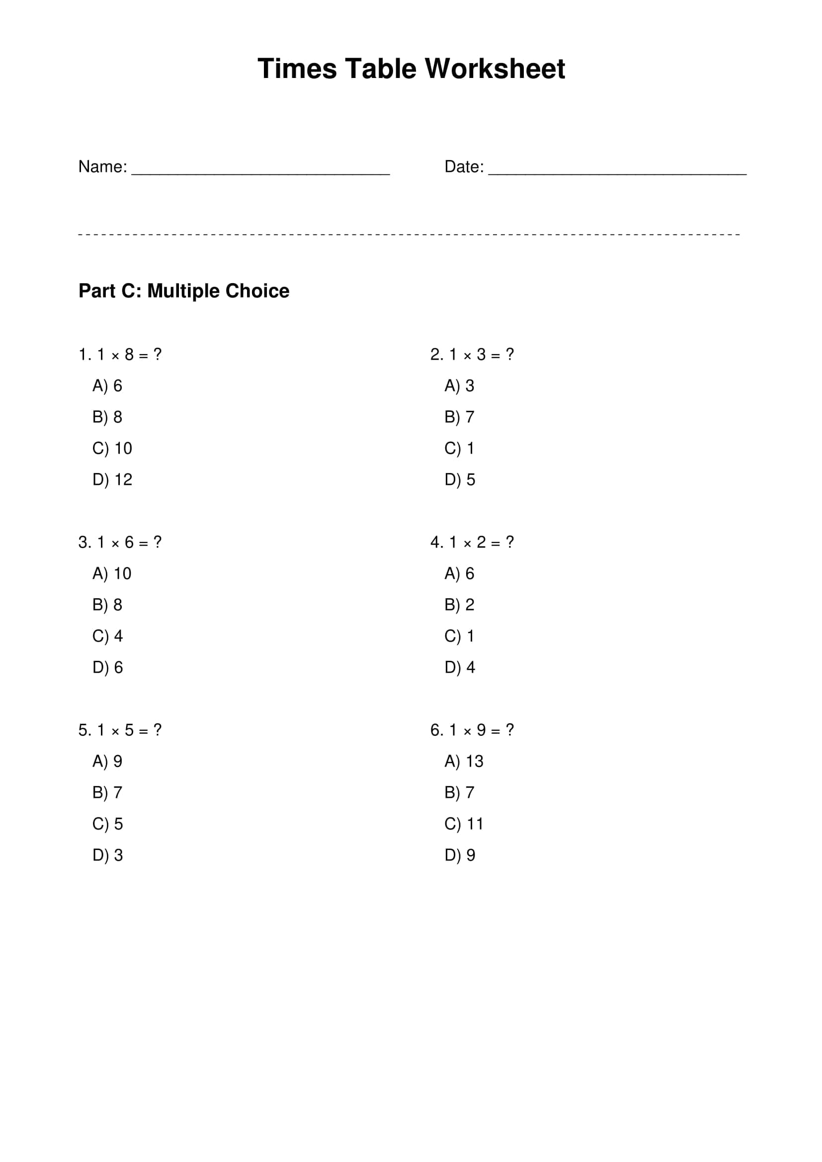 1 times table basic practice worksheet