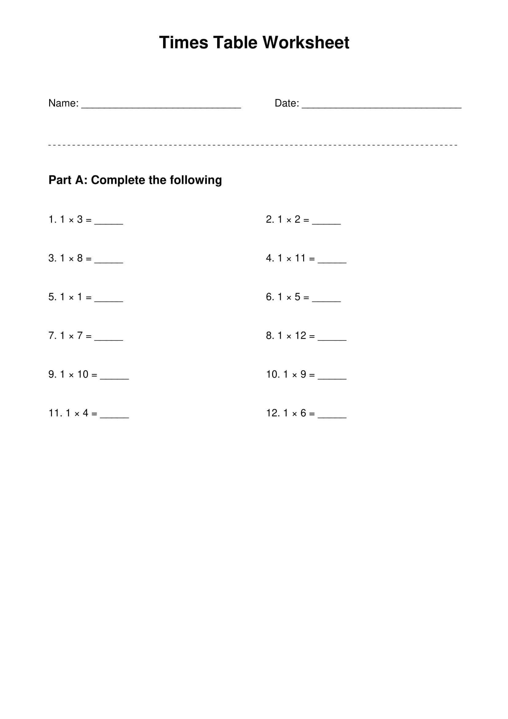 11 times table basic practice worksheet