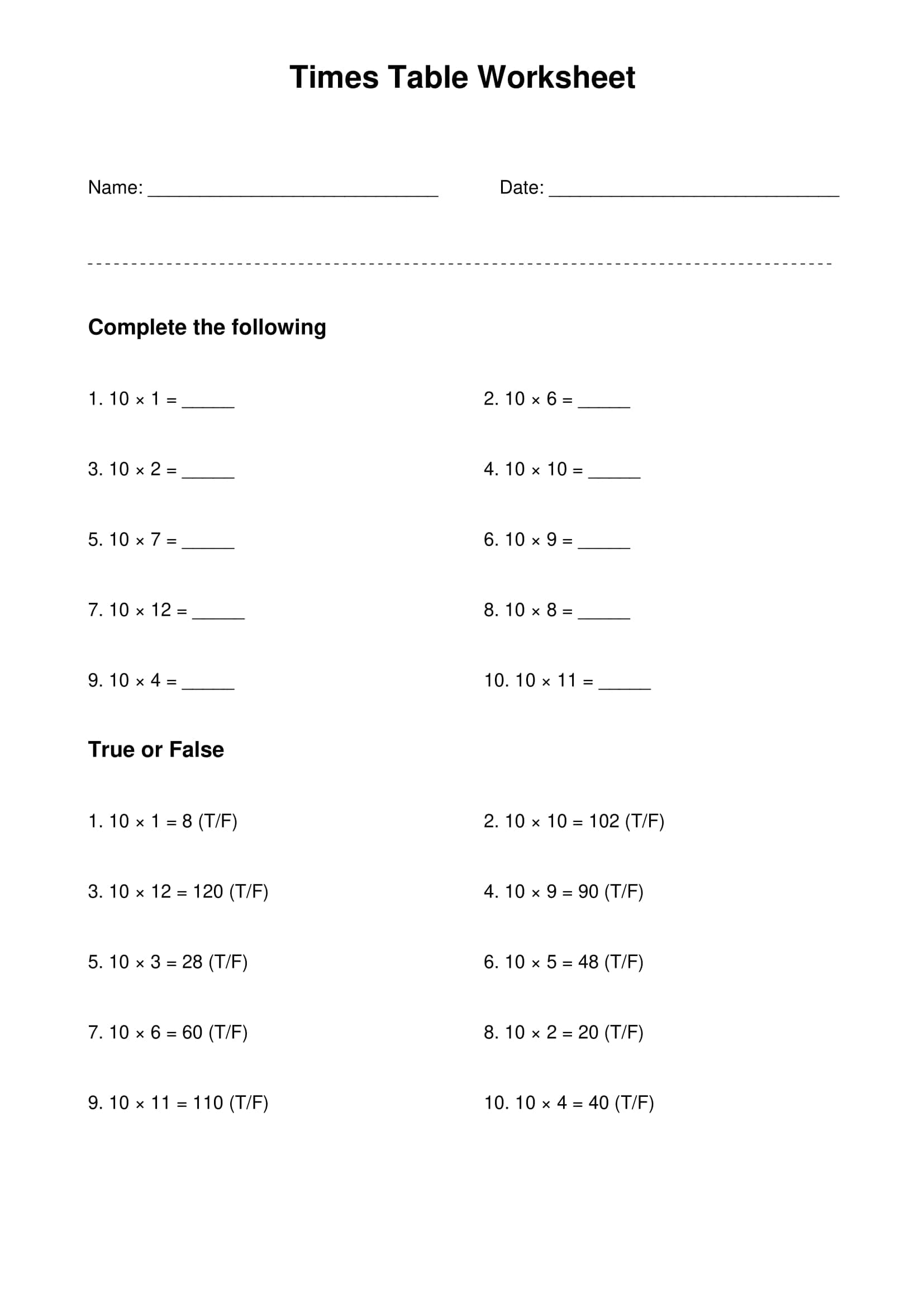 10 times table basic practice worksheet