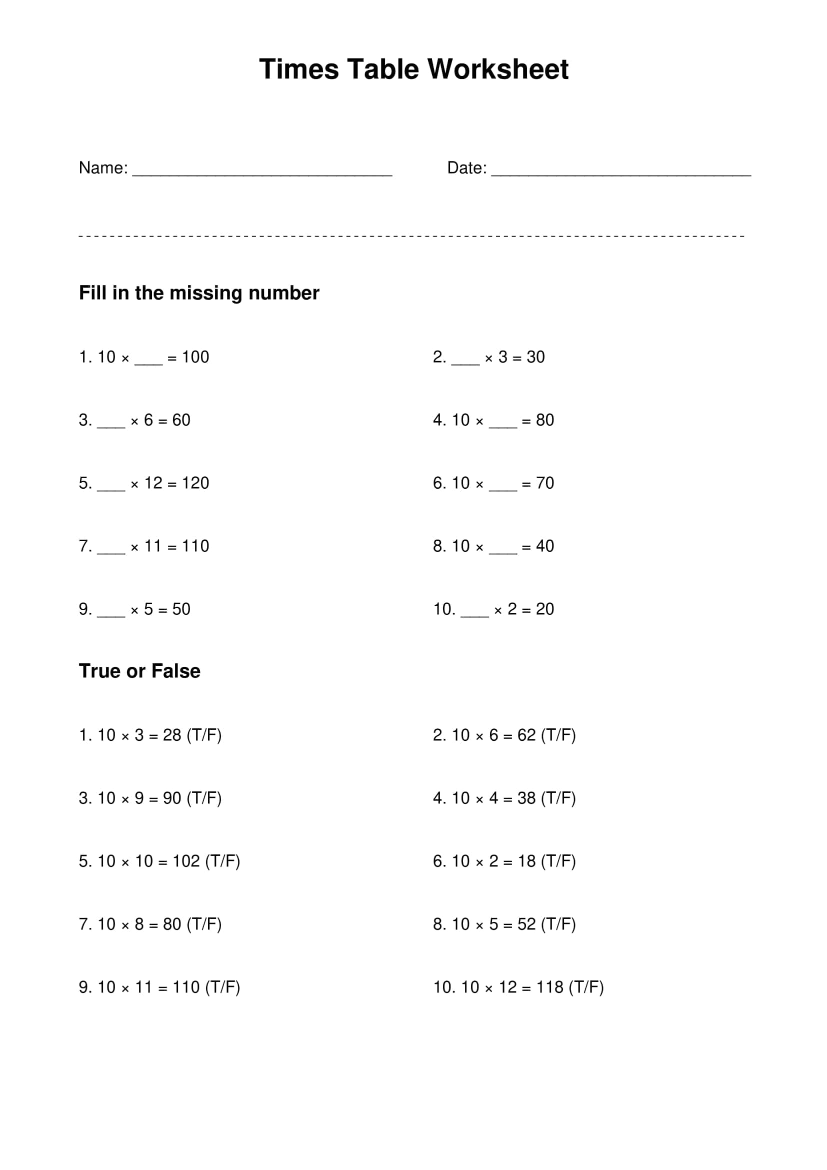 10 times table basic practice worksheet