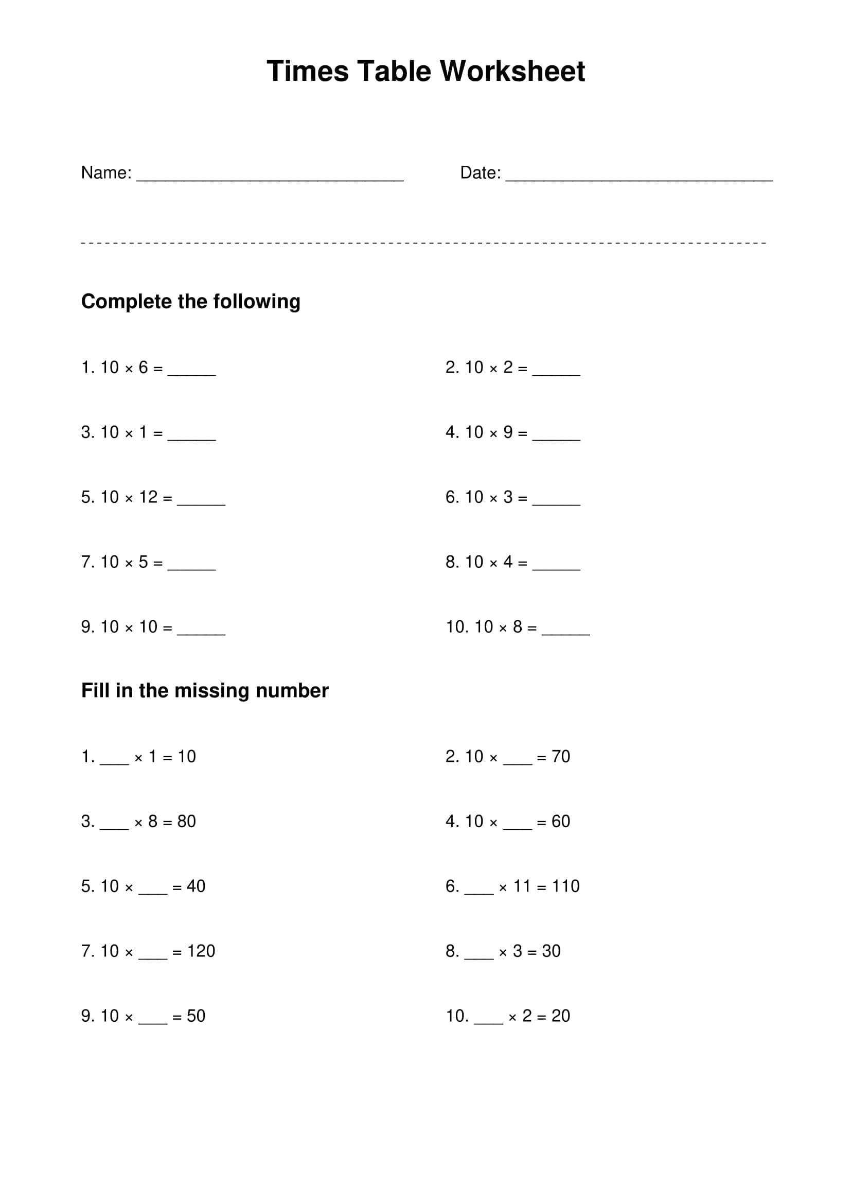 10 times table basic practice worksheet