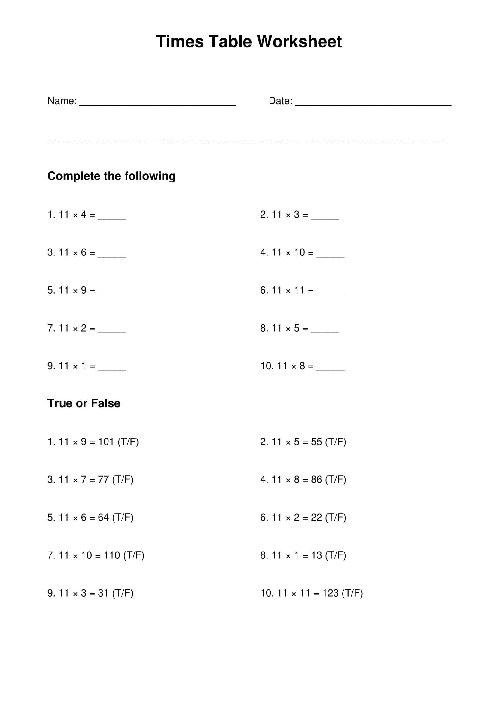 11 times table basic practice worksheet