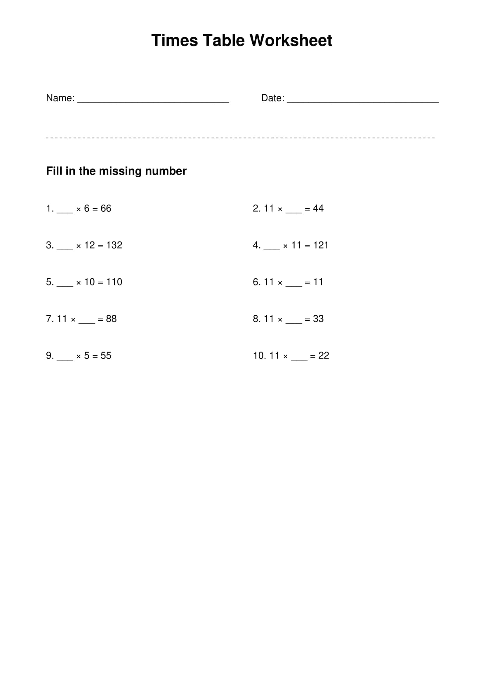 11 times table basic practice worksheet