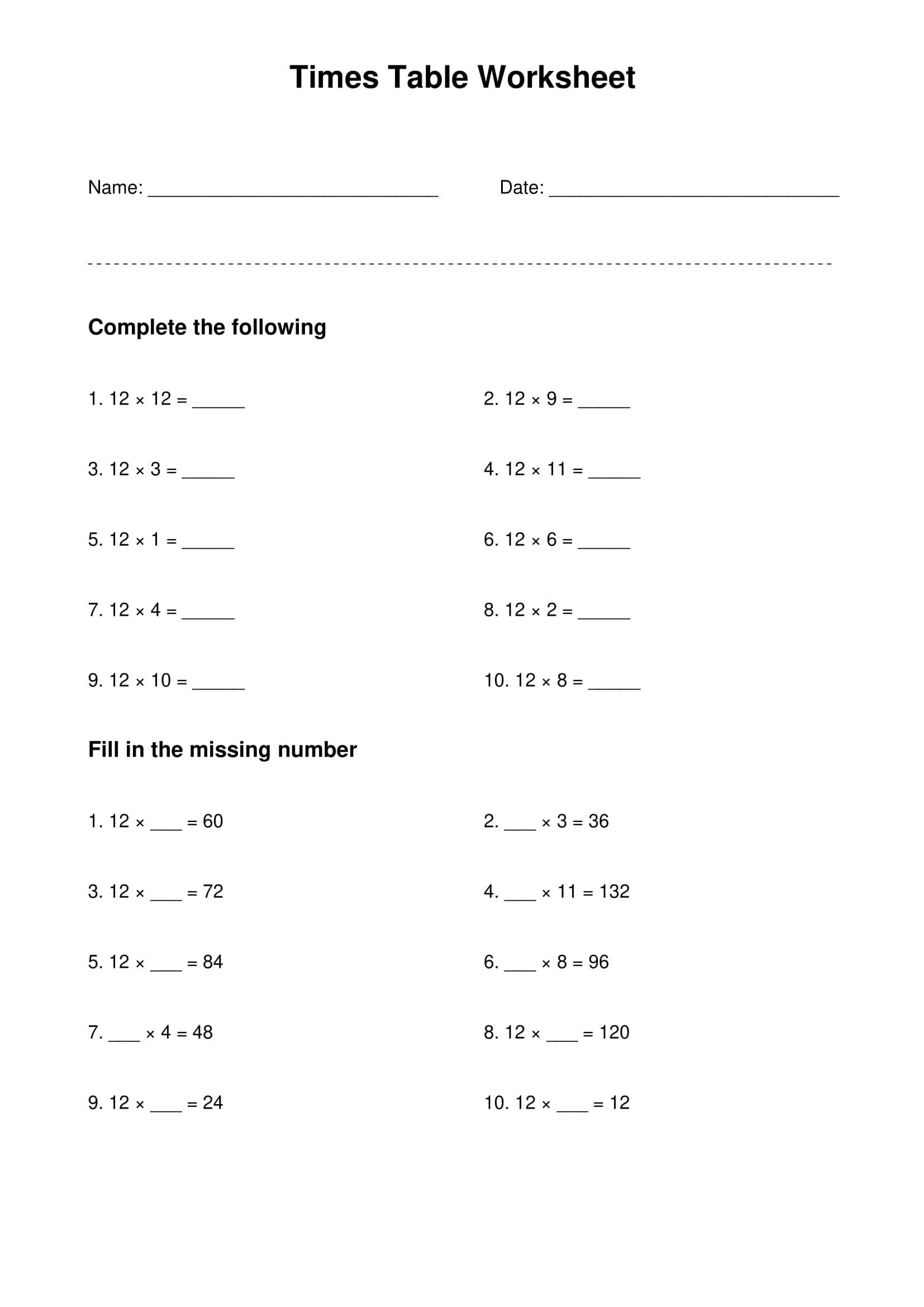 12 times table basic practice worksheet