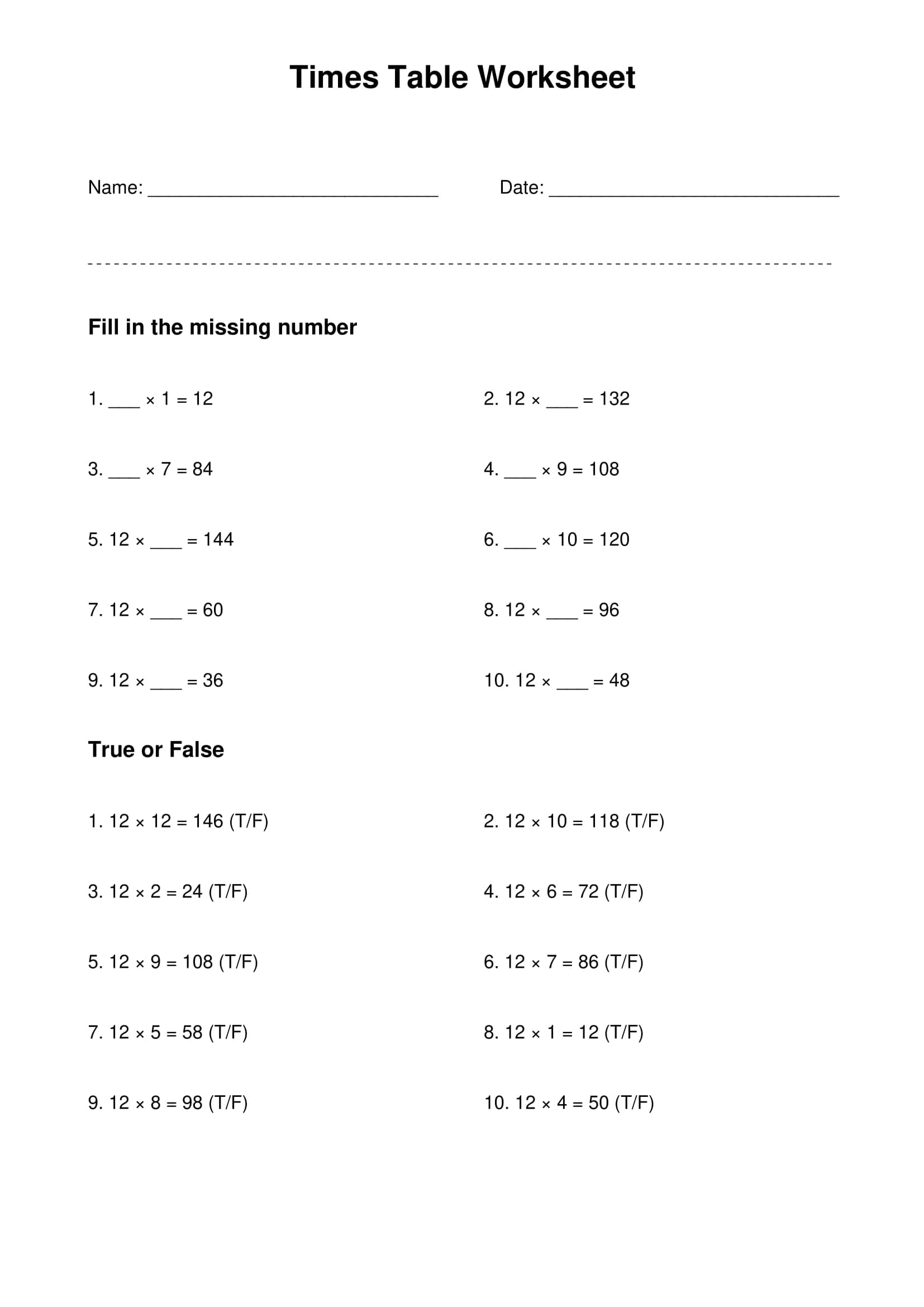 12 times table basic practice worksheet