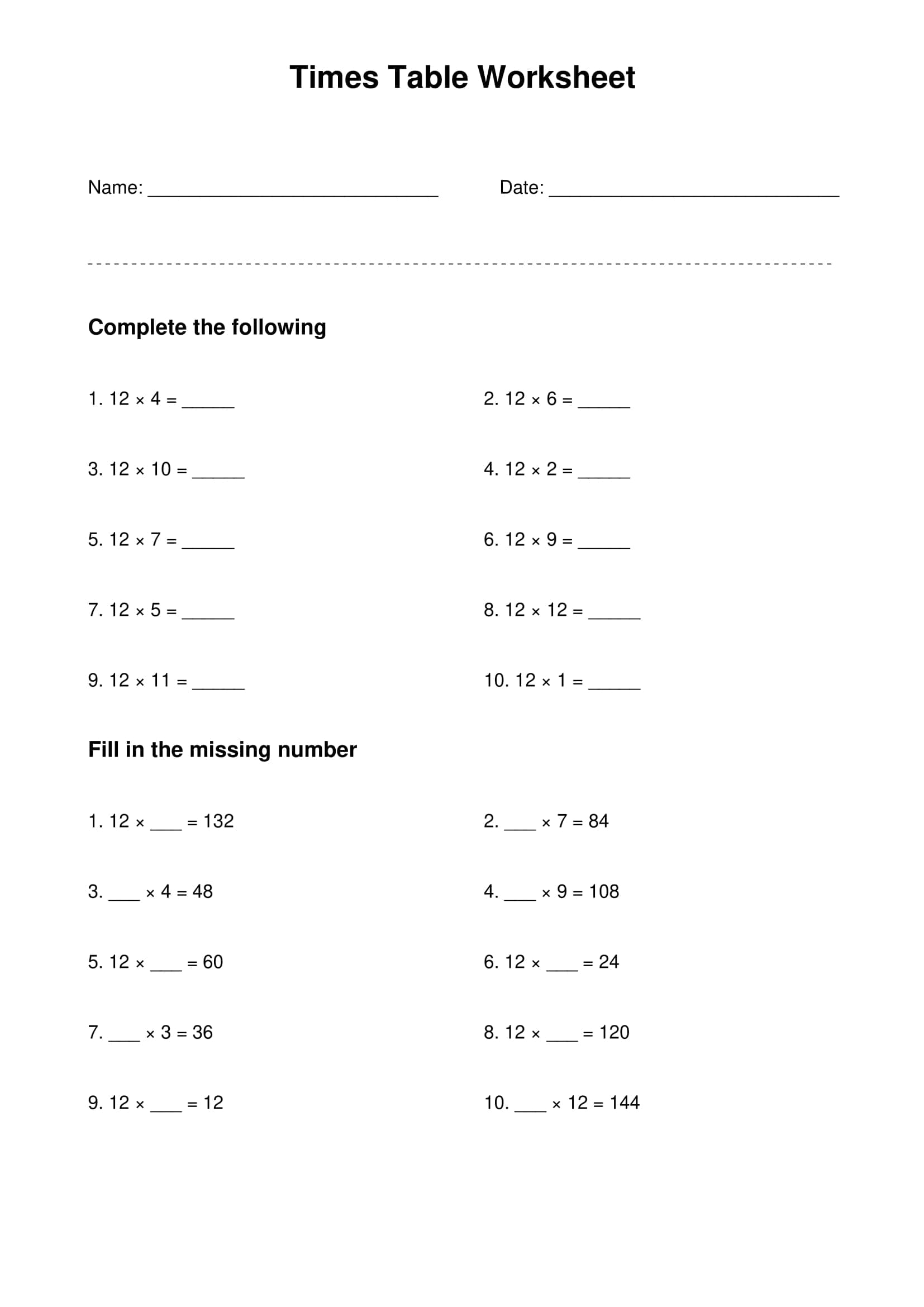 12 times table basic practice worksheet