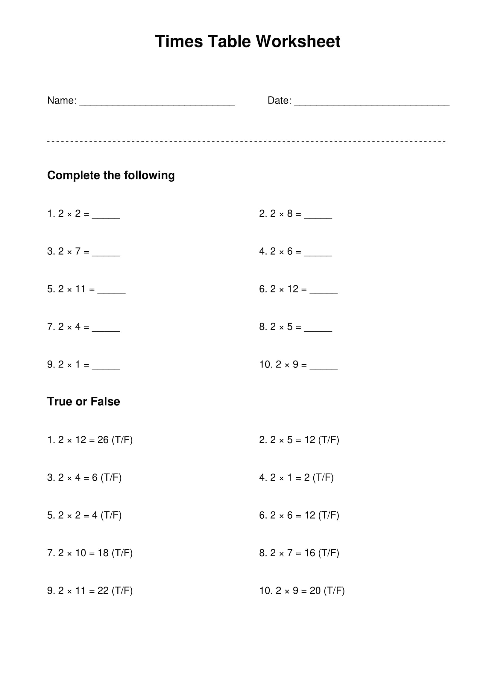 2 times table basic practice worksheet