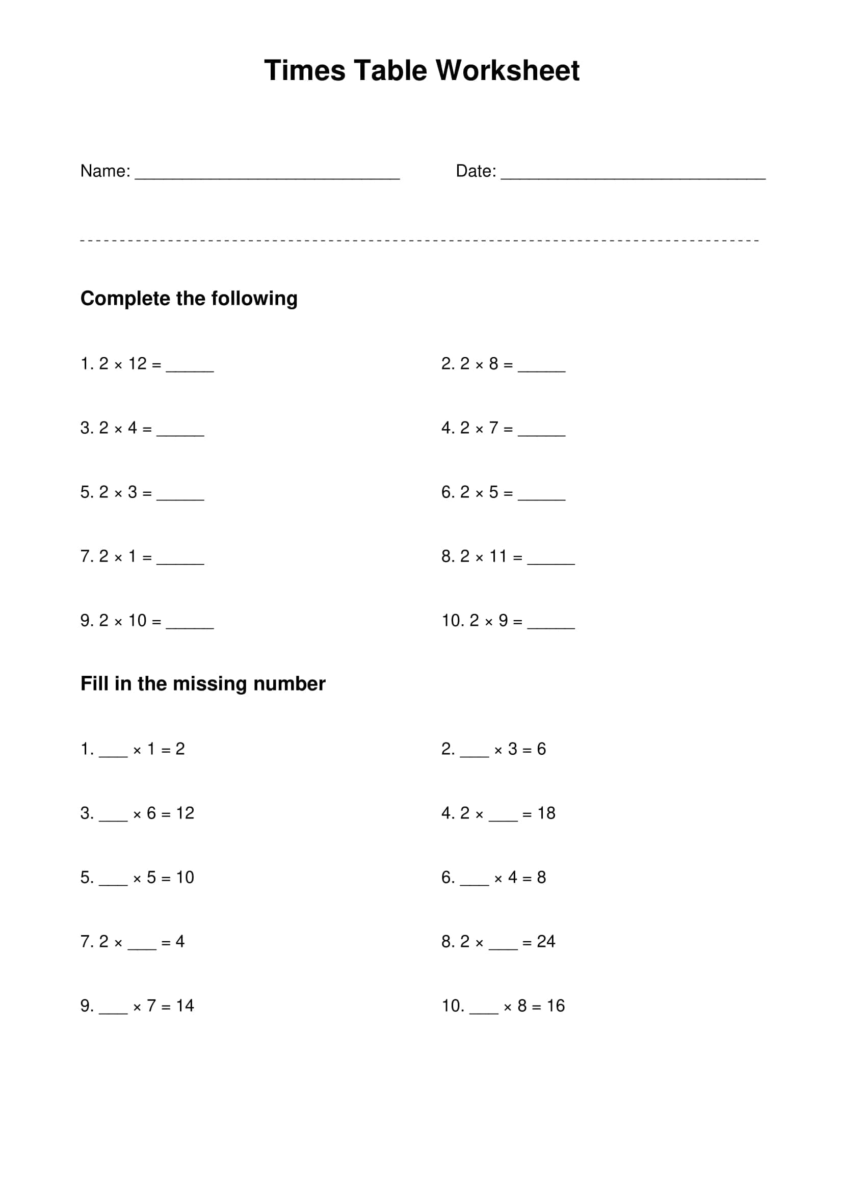 2 times table basic practice worksheet