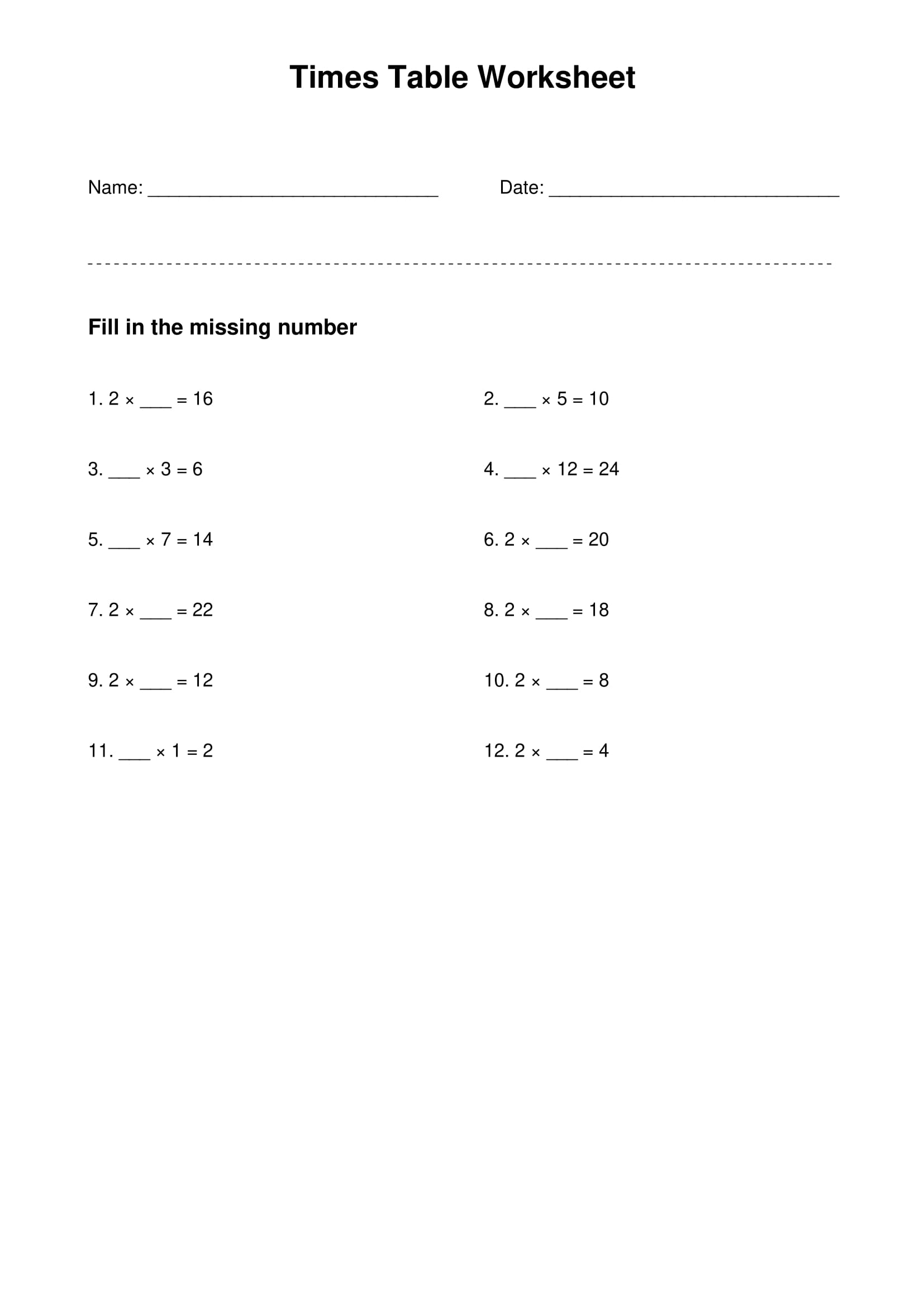 2 times table basic practice worksheet