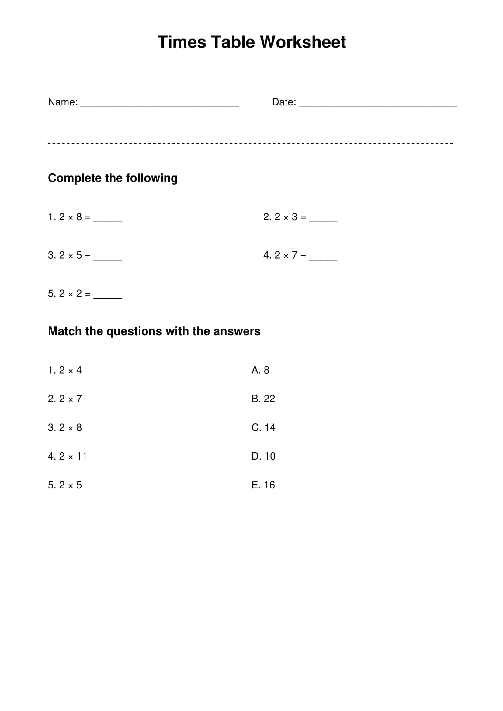 2 times table basic practice worksheet