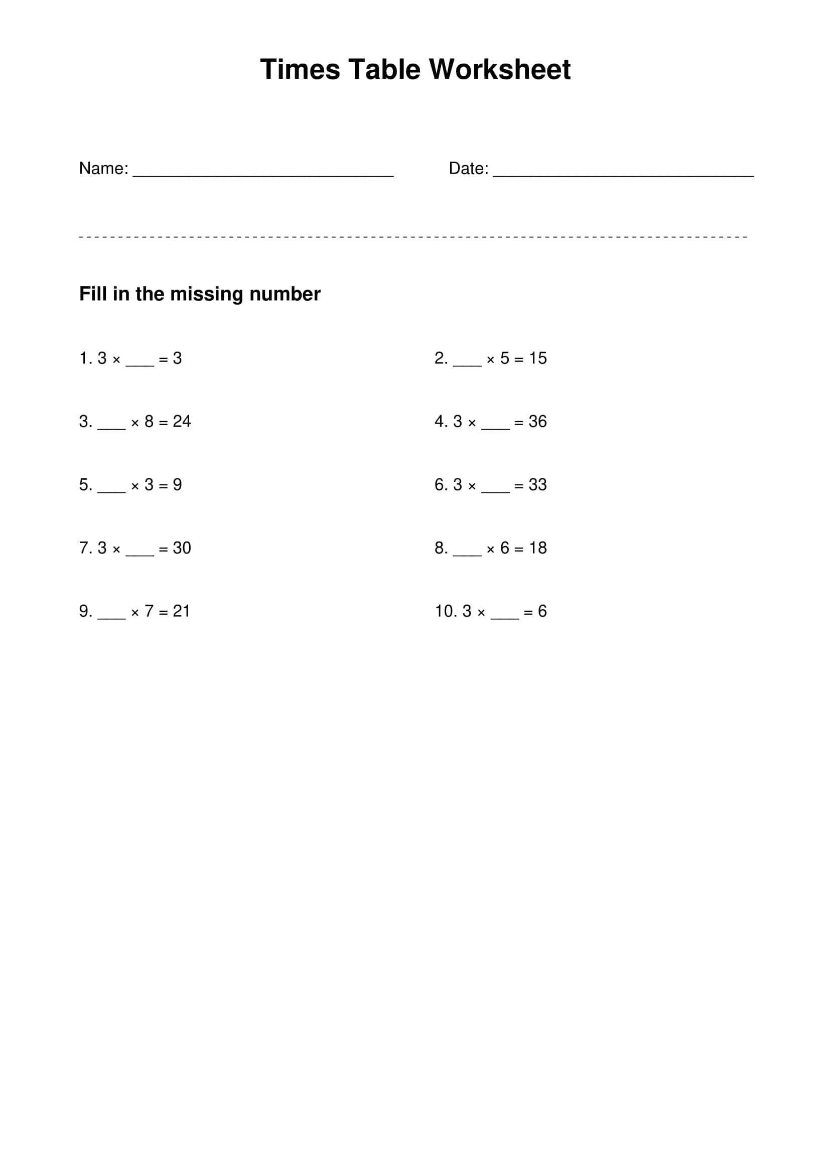 3 times table basic practice worksheet