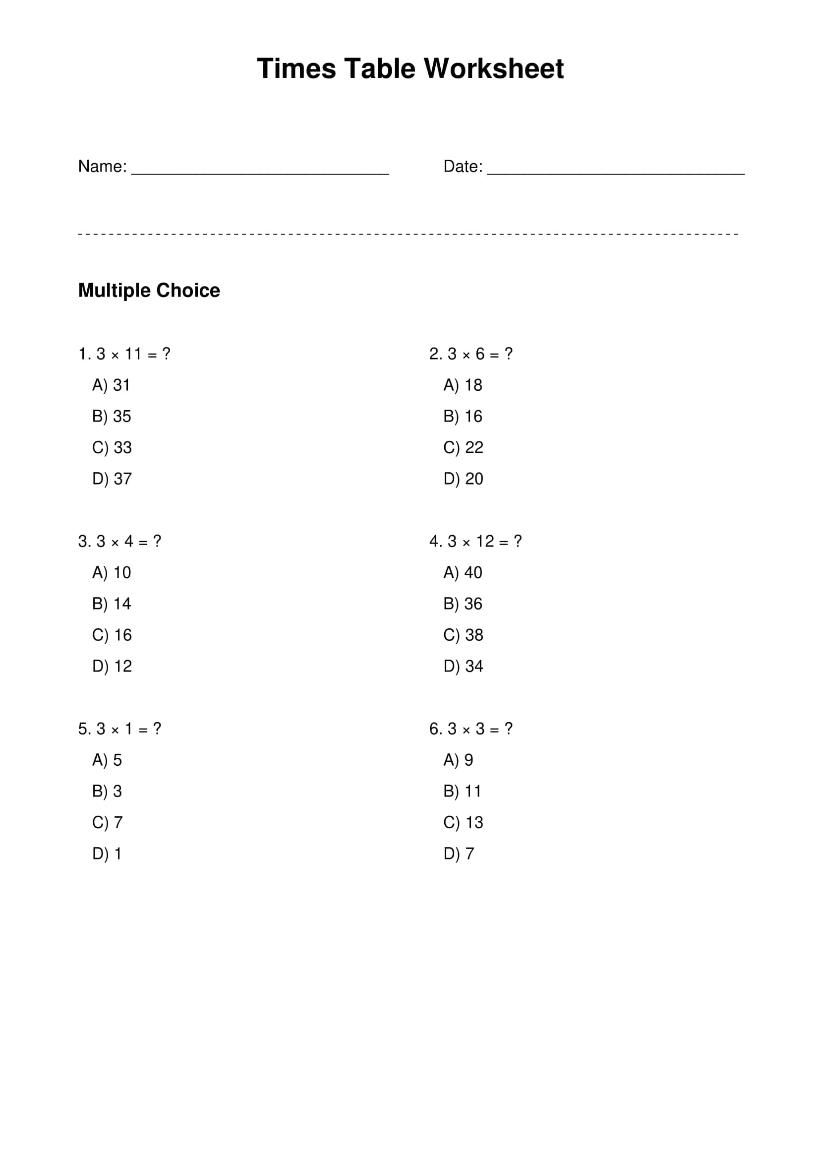 3 times table basic practice worksheet