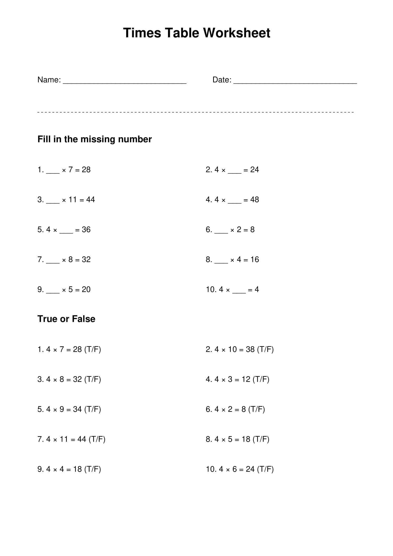 4 times table basic practice worksheet