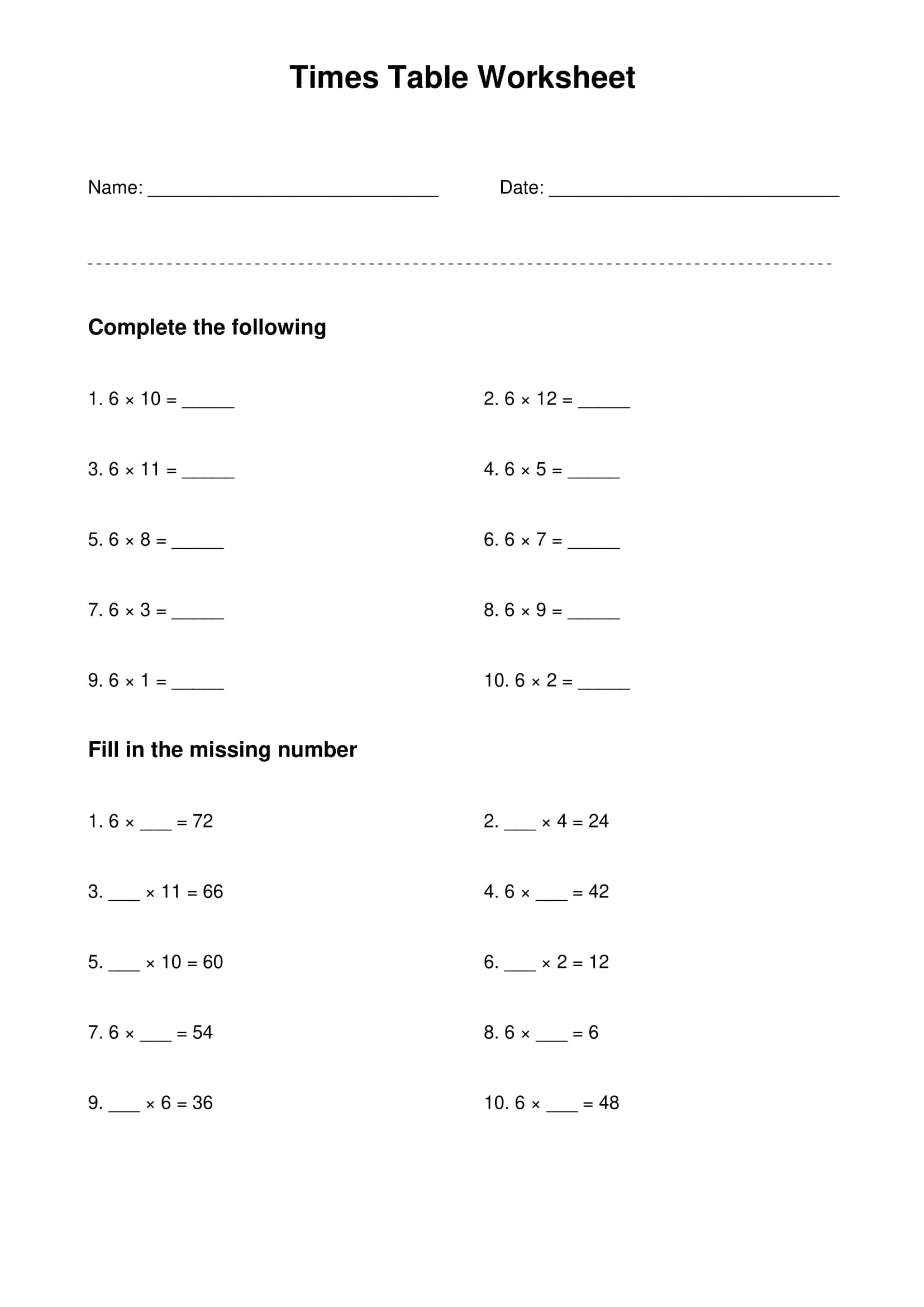 6 times table basic practice worksheet