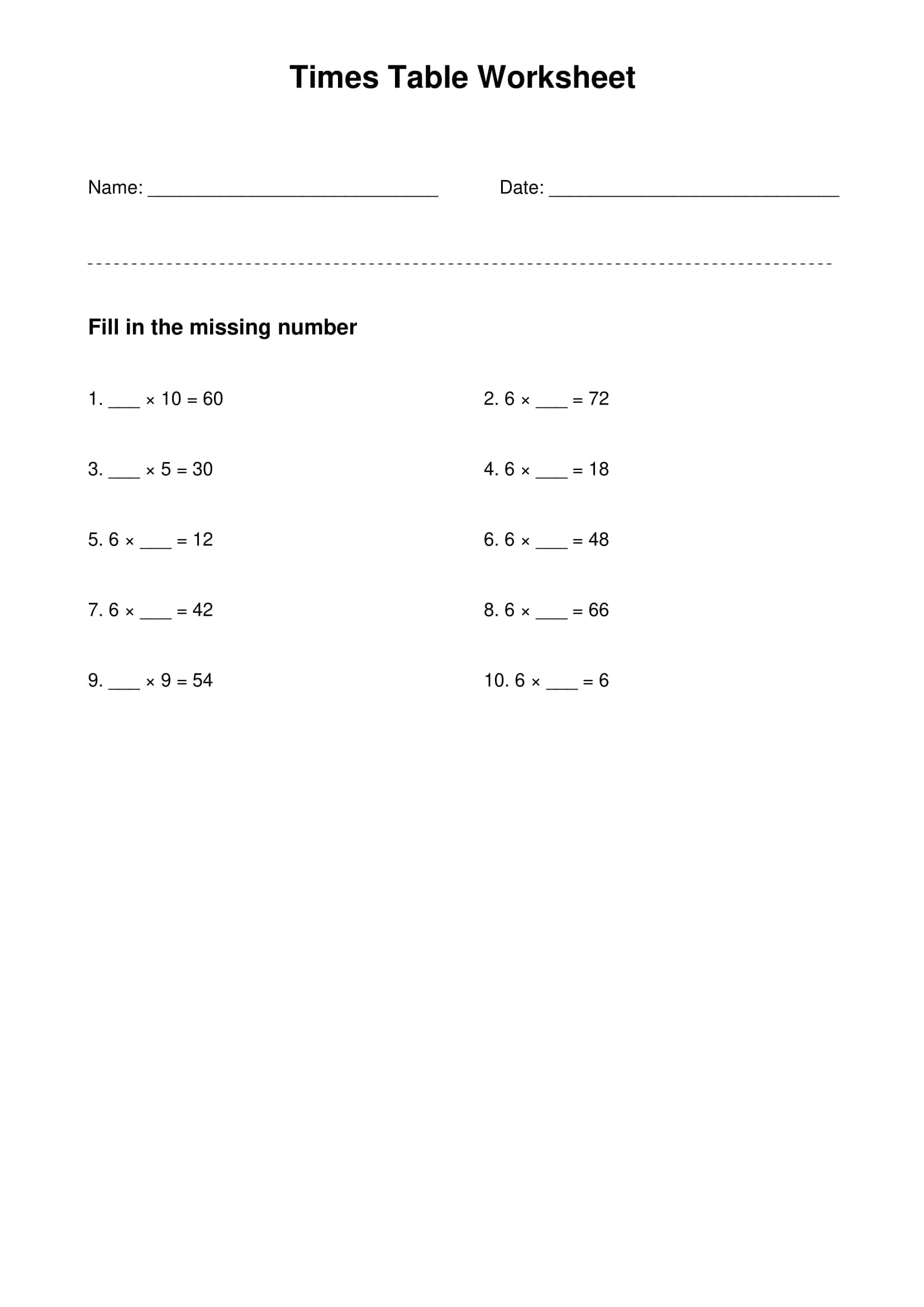 6 times table basic practice worksheet