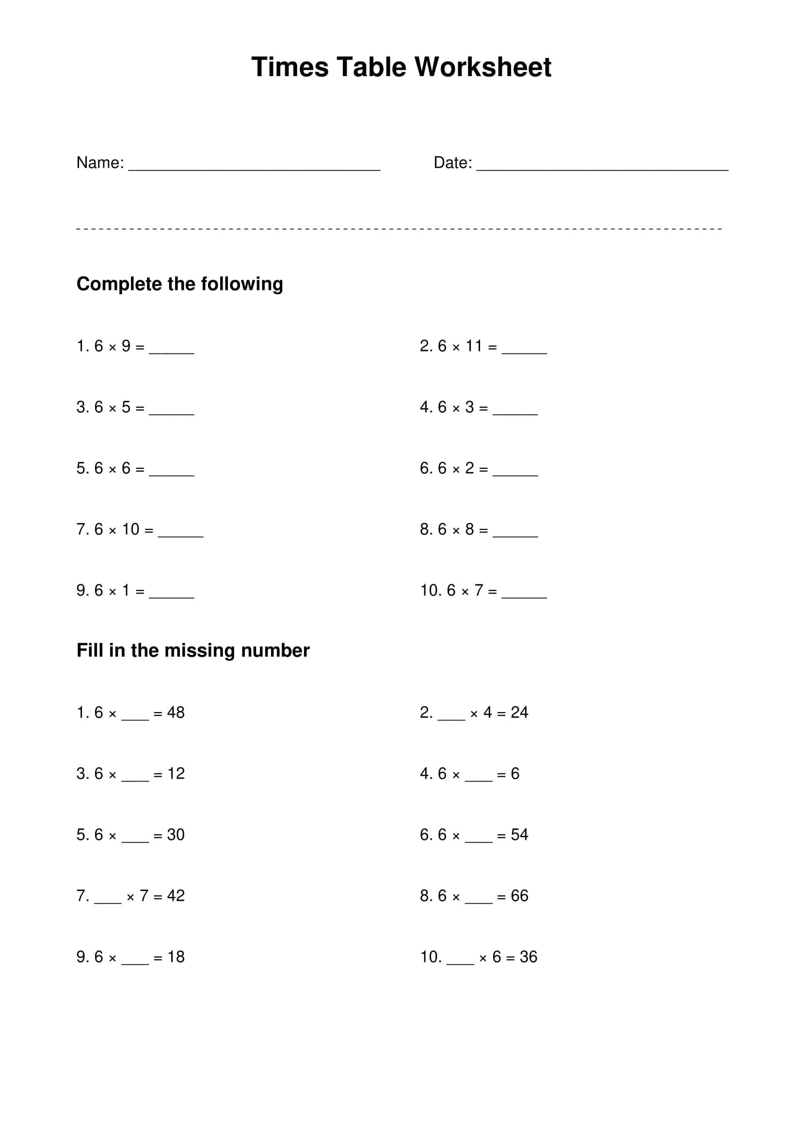 6 times table basic practice worksheet