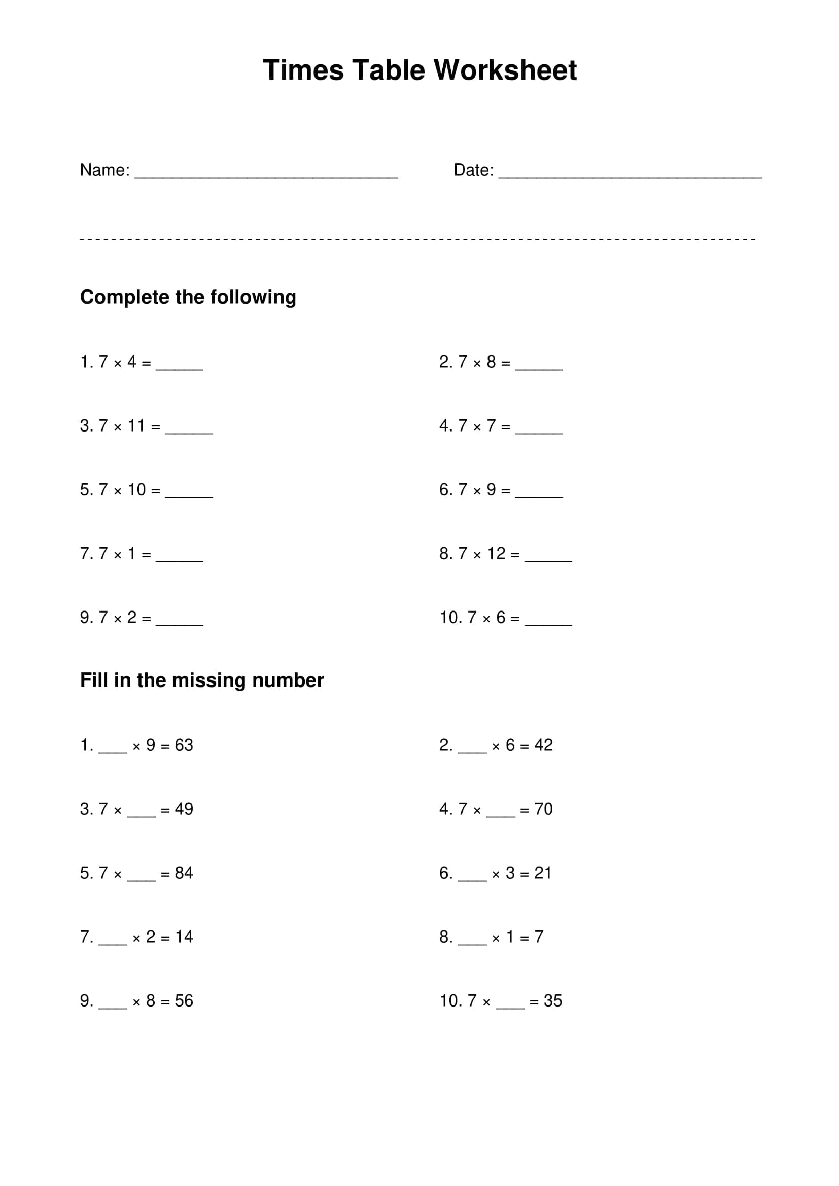 7 times table basic practice worksheet