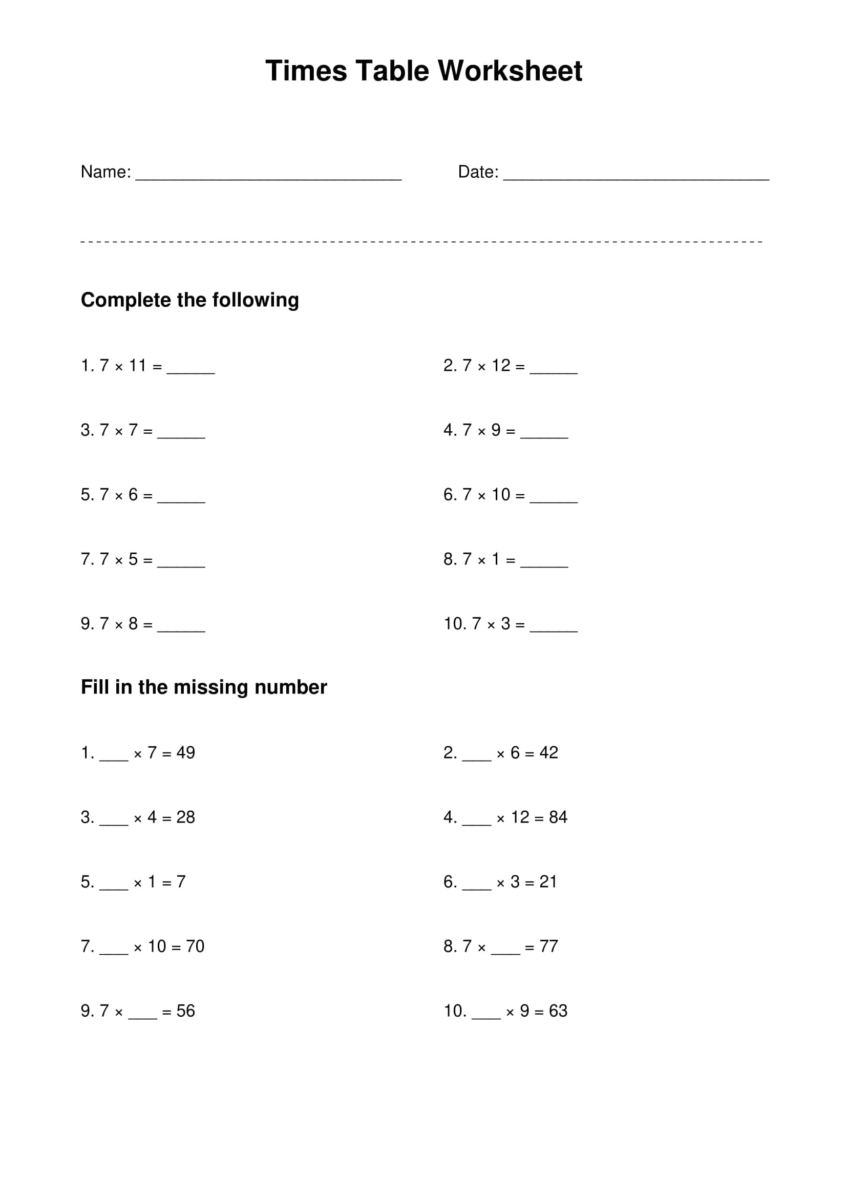 7 times table basic practice worksheet