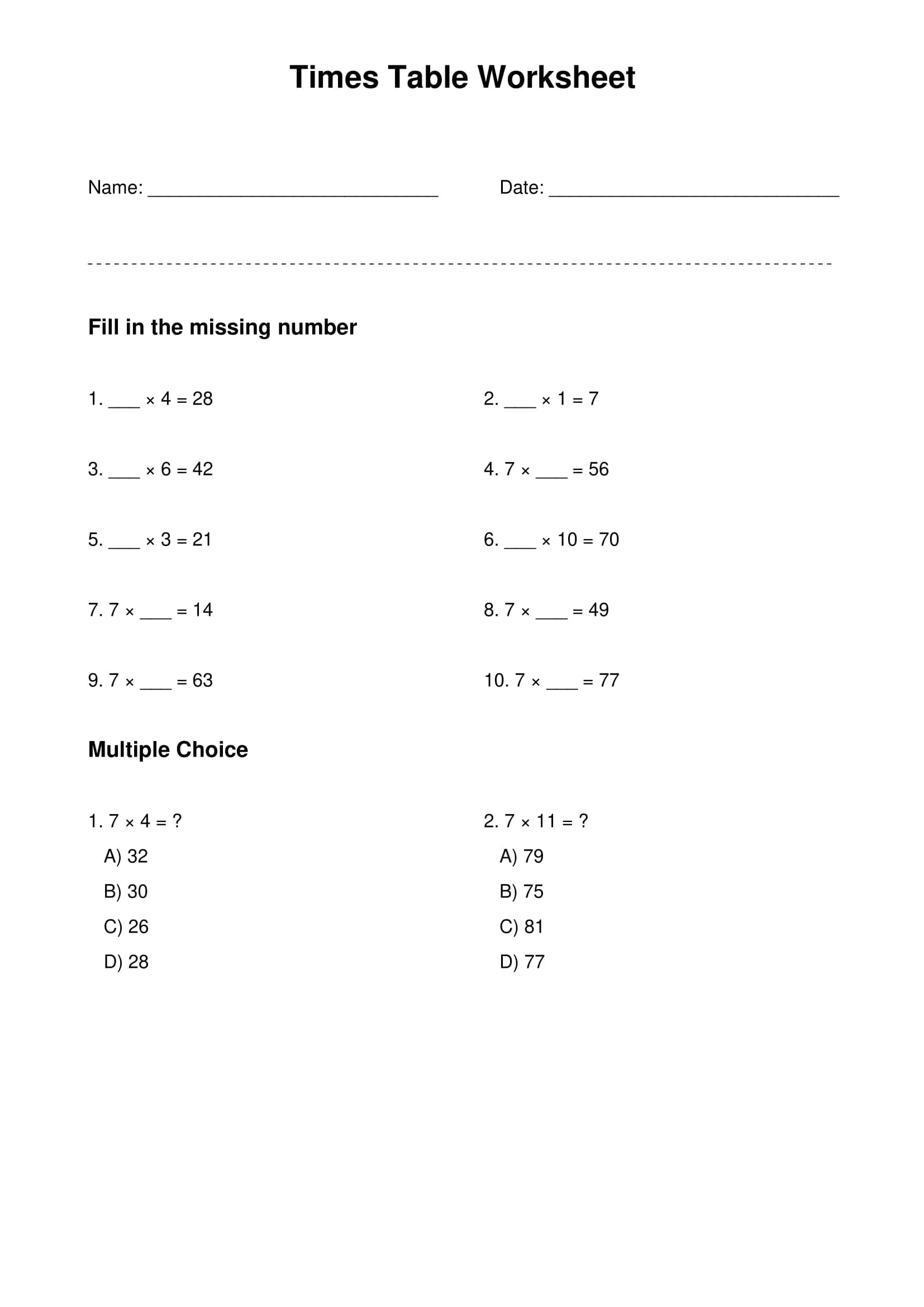 7 times table basic practice worksheet