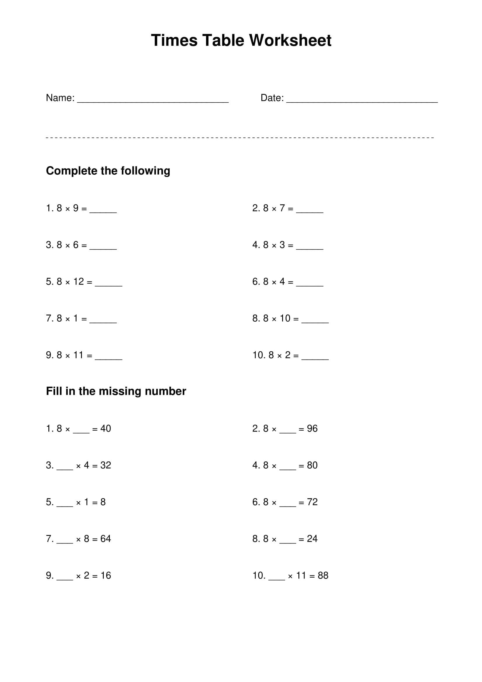 8 times table basic practice worksheet