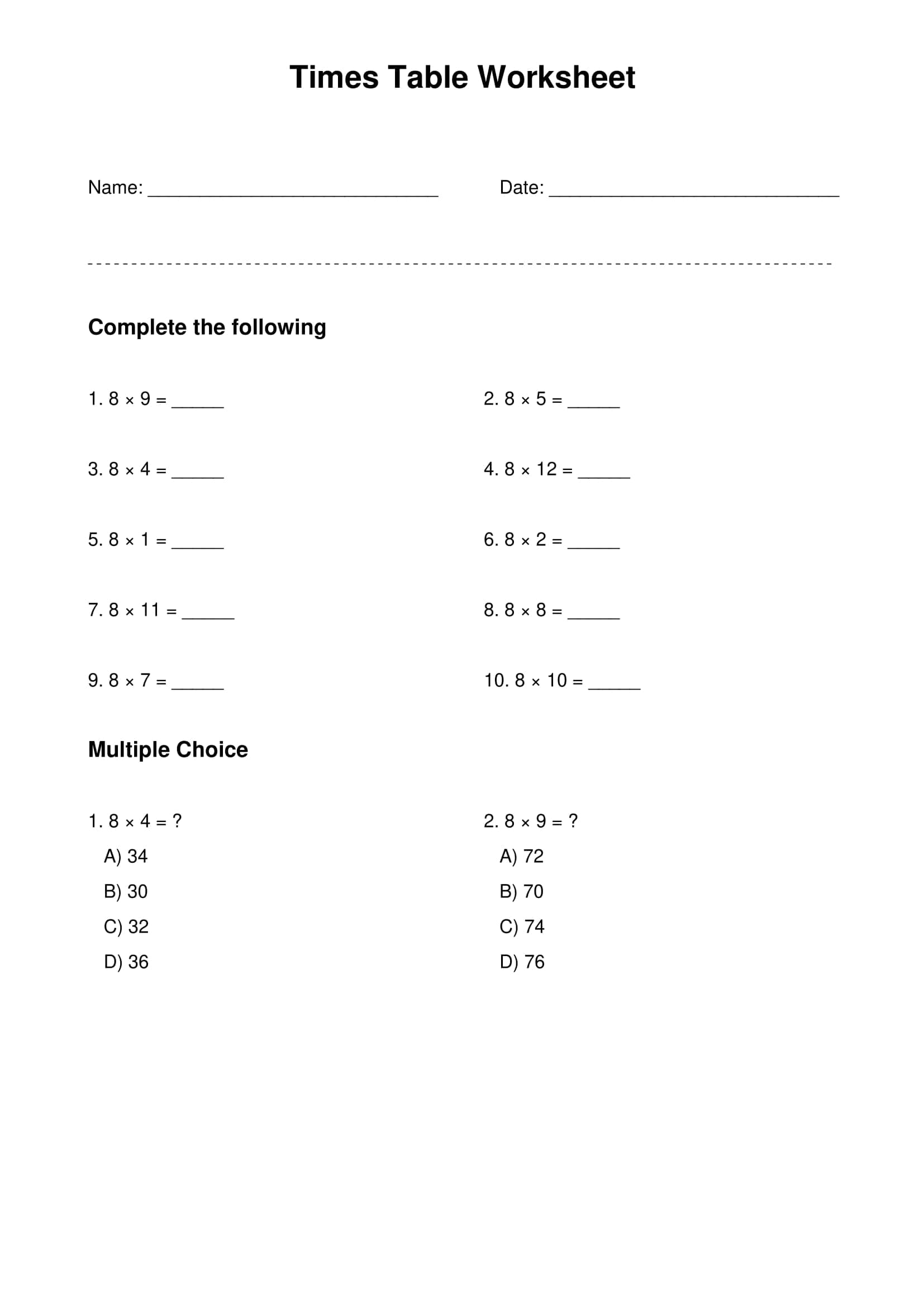 8 times table basic practice worksheet