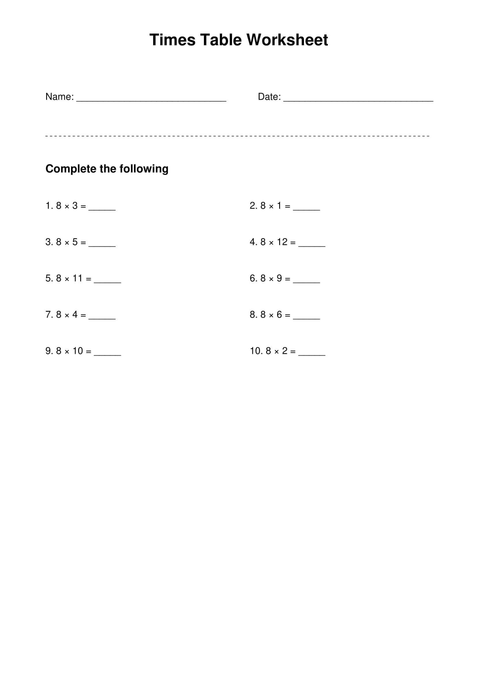 8 times table basic practice worksheet