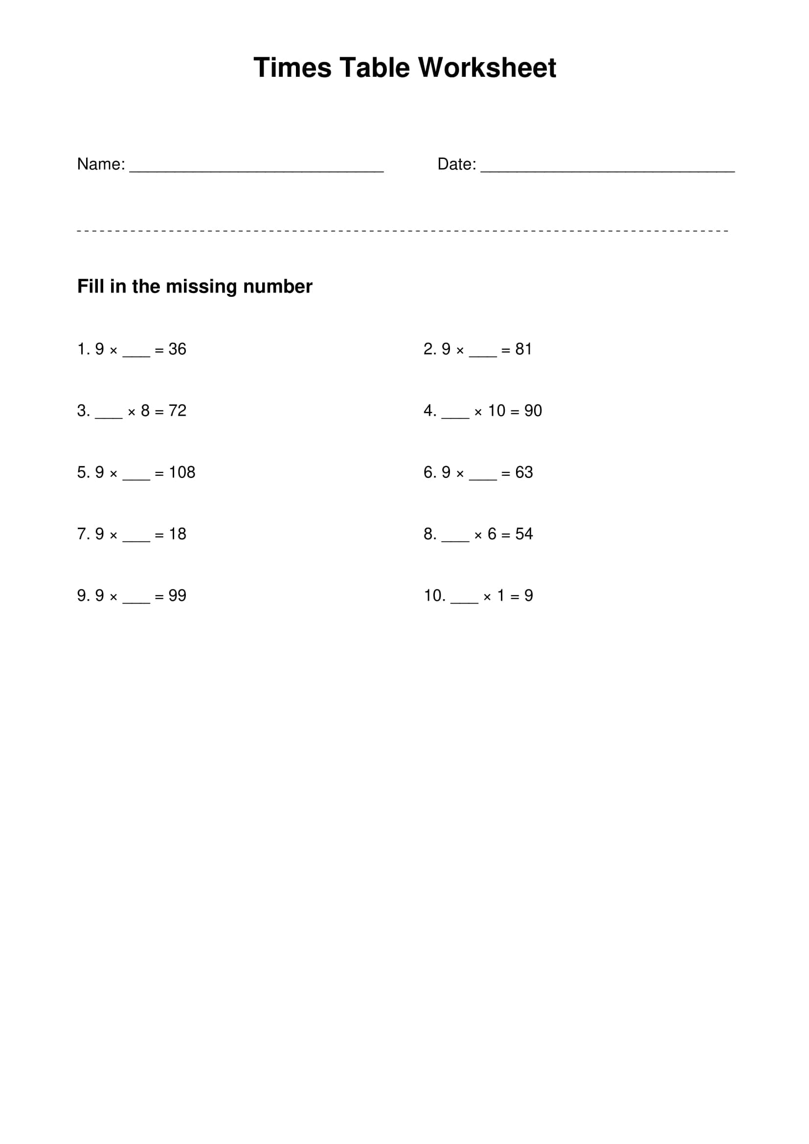 9 times table basic practice worksheet